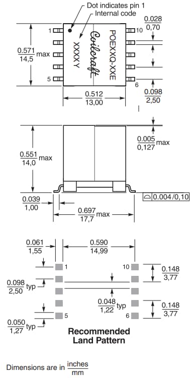 機械図面 - Coilcraft ハイパワーフライバックトランス（PoE用）